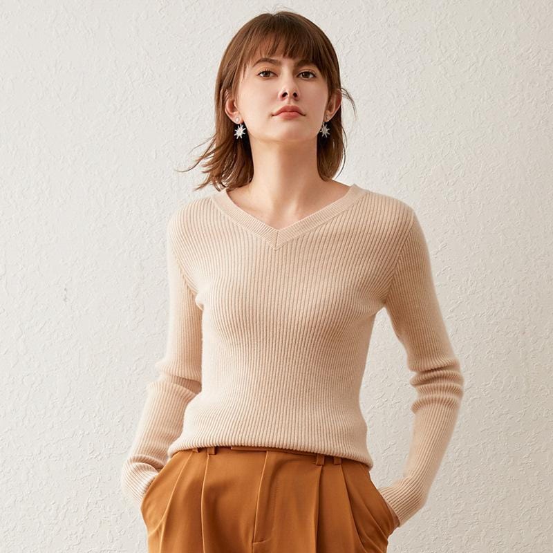 S / Camel color Women's V-Neck Sweater Slim-Fit Low Collar Knitwear Pullover Short Base Shirt Long Sleeve Heart