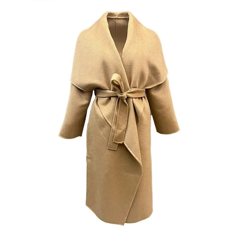 S / Camel High Quality Turn Down Collar Water Ripple Wool Coat Handmade Long Cashmere Trench Coat with Belt