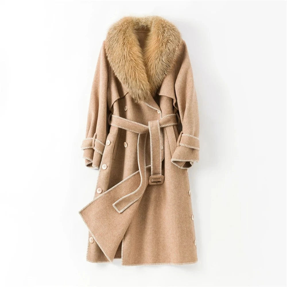 S / camel Pudi women real fox fur coat jacket female lady wool blends fox fur collar coats jackets long trench CT037