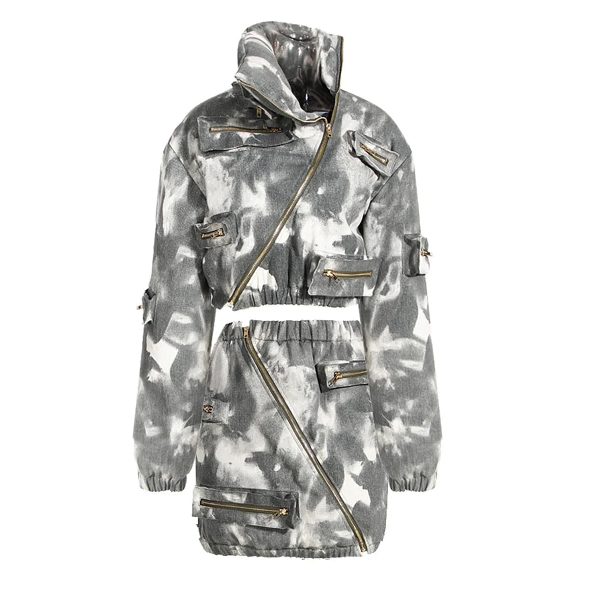 S / camo Fall Winter Ladies Zipper Crop Puffer Coat Jacket With Mini Cargo Skirts Sets Women Sexy 2 Piece Outfit