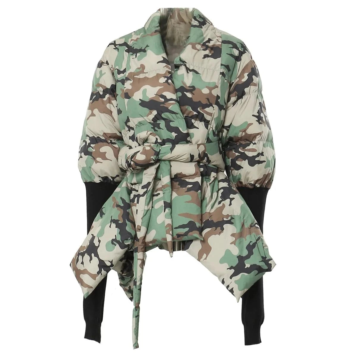 S / Camouflage Custom Logo Camouflage Asymmetrical Bubble Jacket Women Winter Clothes Thick Warm Long Sleeve Bow Cotton Down Coat
