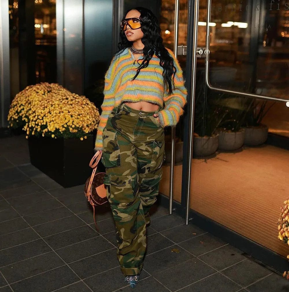 S / camouflage New Women's Loose Hip Hop High-waisted Multi-pocket Washed Casual Cargo Jean Pants