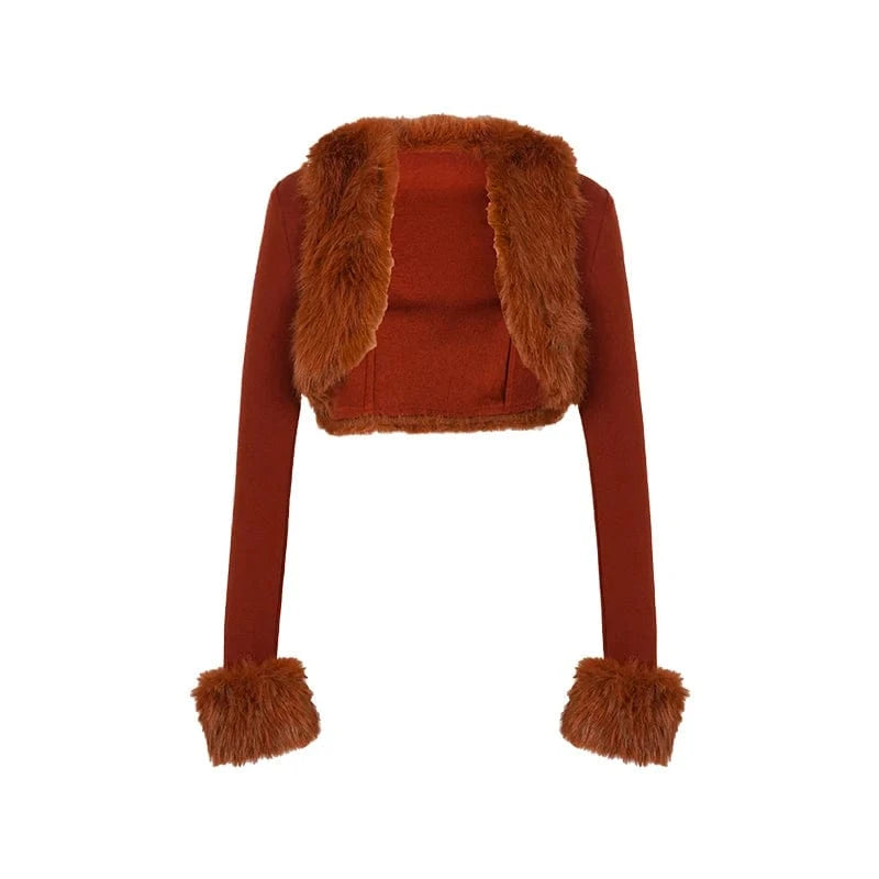 S / Caramel ZYHT 21040 Knitted Fur Patchwork Design Women's Crop Coats Fashion Caramel Long Sleeve Sexy Short Cardigans