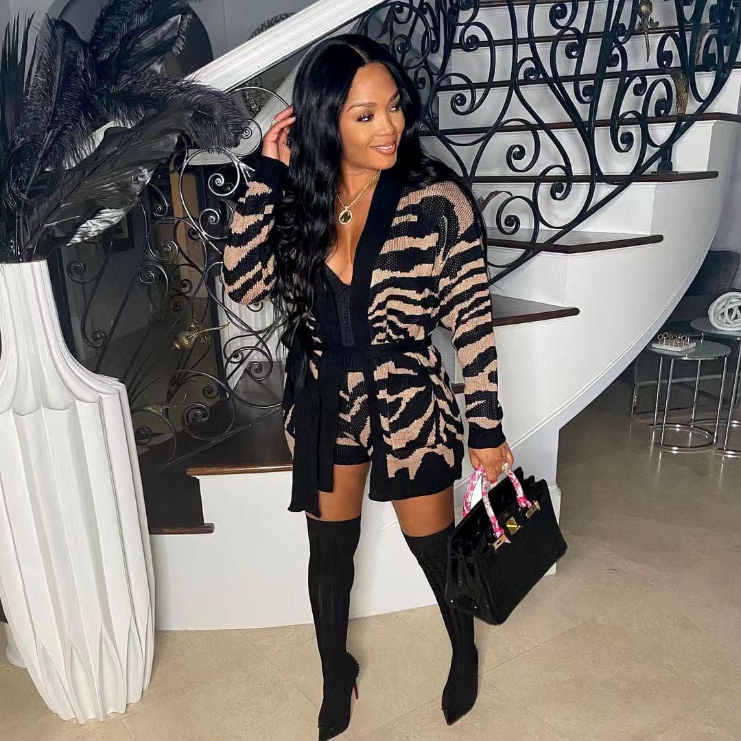 S / Champagne Trendy Women Clothes Autumn 2 Pieces Sets Sweater Outfit Manual Knitted Leopard Coat Shorts with Belt