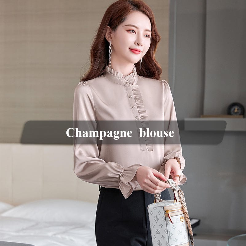 S / champagne Wholesale Dropship OEM Fashion elegant Stand Collar Blouse With Work Wear Office Lady Female Tops Chemise Loose Style Shirt