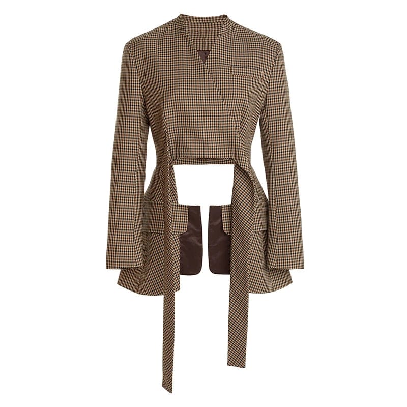 S / Check CHICEVER Winter V Neck Long Sleeve Colorblock Plaid Irregular Hem Jackets For Women 2023