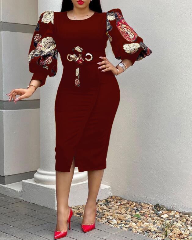 S / Claret Autumn Bodycon Bowtie Printing African Women Office Career Dresses