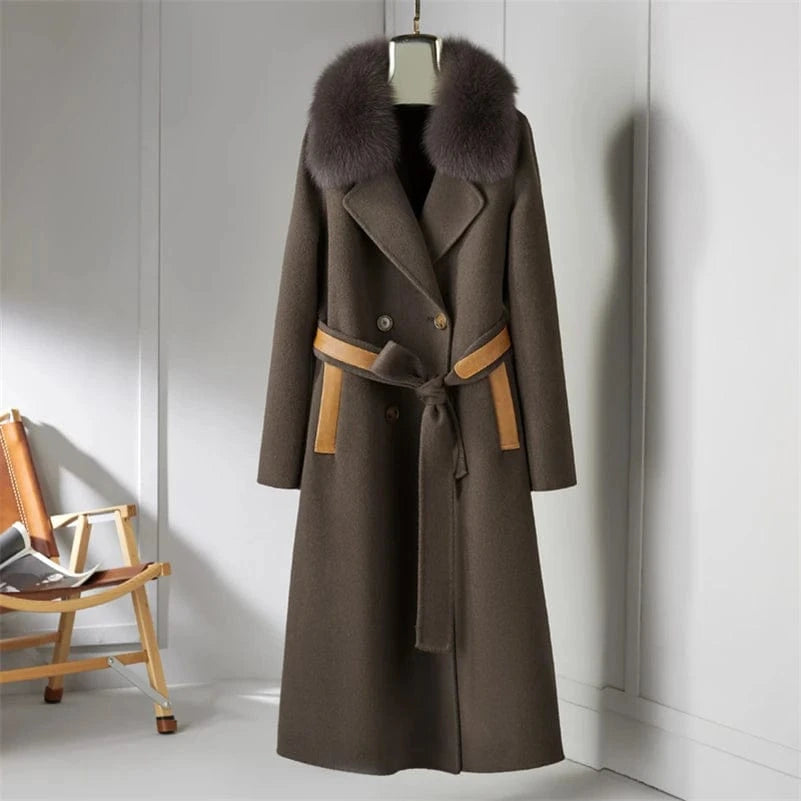 S / coffee 21016 Women 90% wool blends Long coat jacket with real fox fur collar overcoats jackets Trench