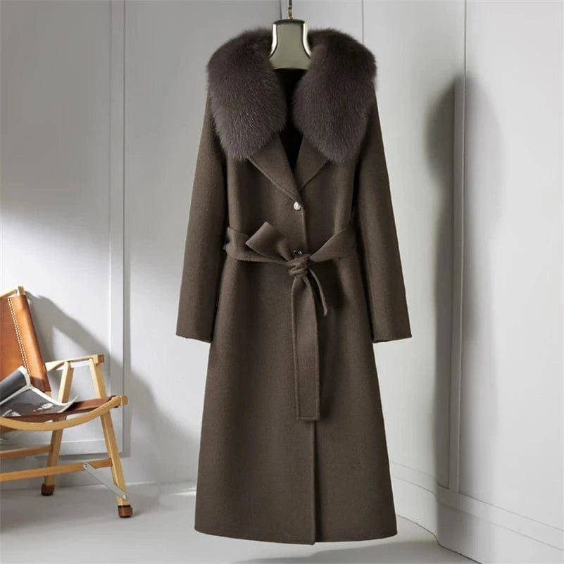 S / coffee 21181 Women 90% wool blends Long coat jacket with real fox fur collar overcoats jackets Trench
