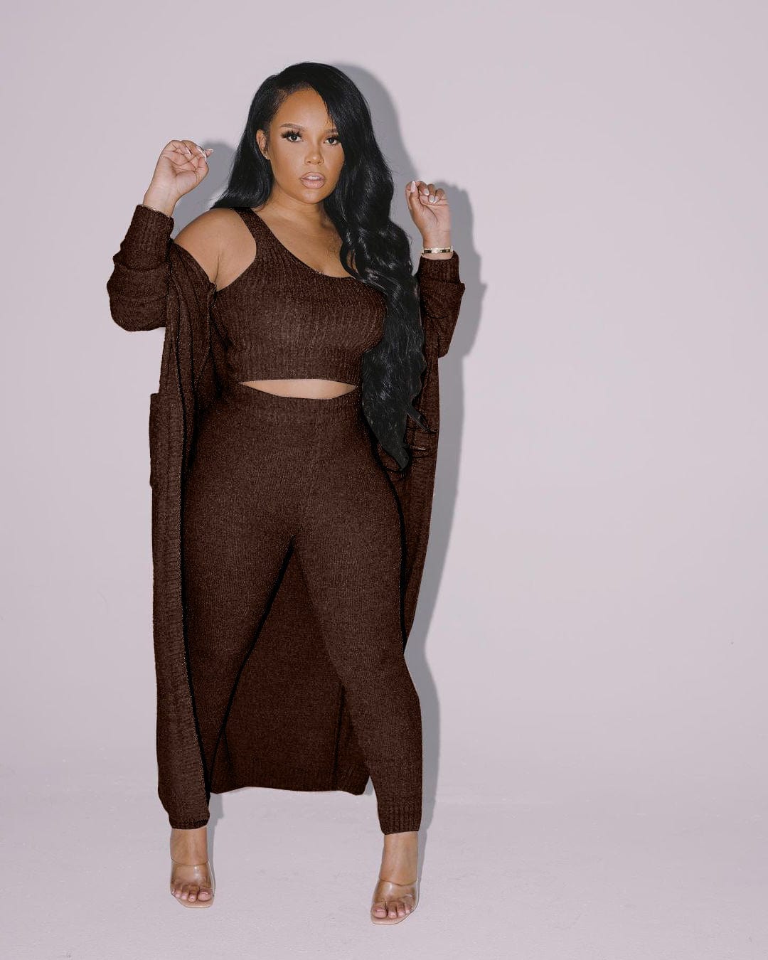 S / Coffee C1102TA4 New Arrival Casual Solid Color Sling Crop Top Long Coat Three Piece Pants Set Women Sehe Fashion