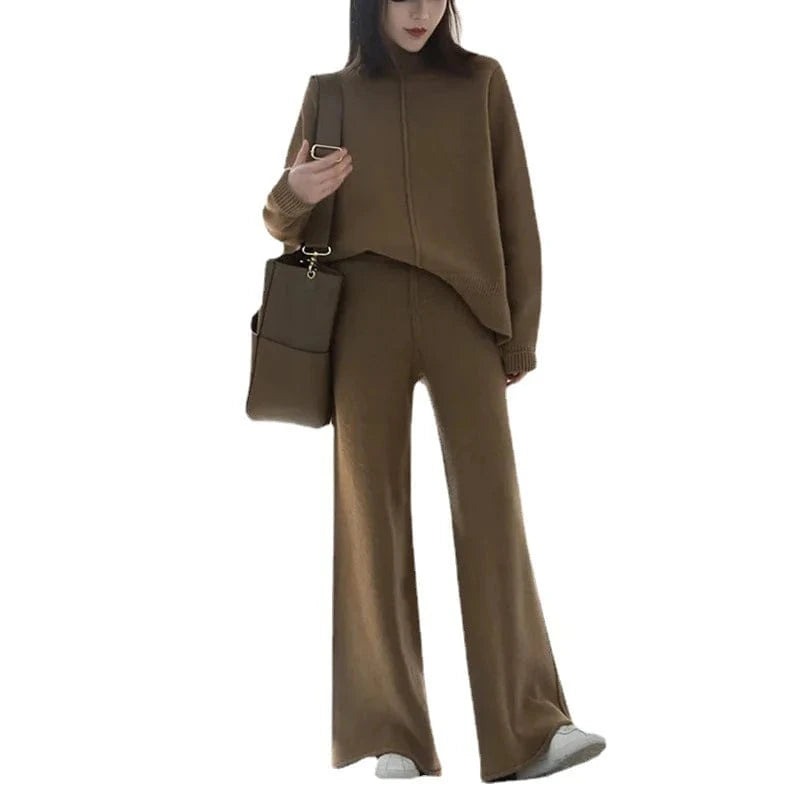 S / coffee CHICEVER Fashionable Soild Color Cotton Material Round Neck 2 Piece Sets For Women
