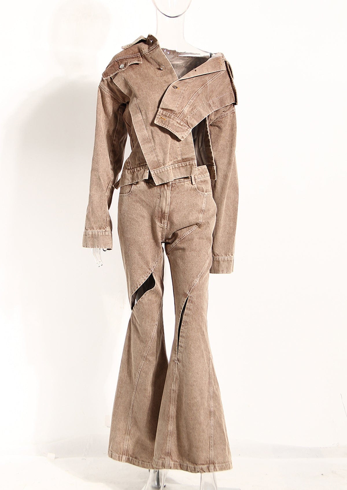 S / Coffee color Fashion jeans sets asymmetric split hollow out jeans jacket + bell bottoms two piece denim sets women ladies