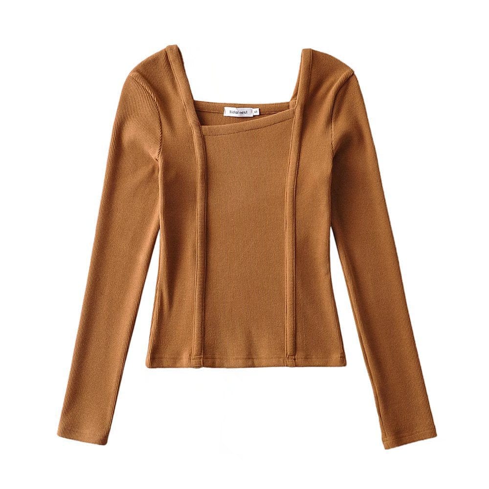 S / coffee R20122S Women's fashion solid color front pressure line asymmetric front collar bottoming top knitted shirt tops