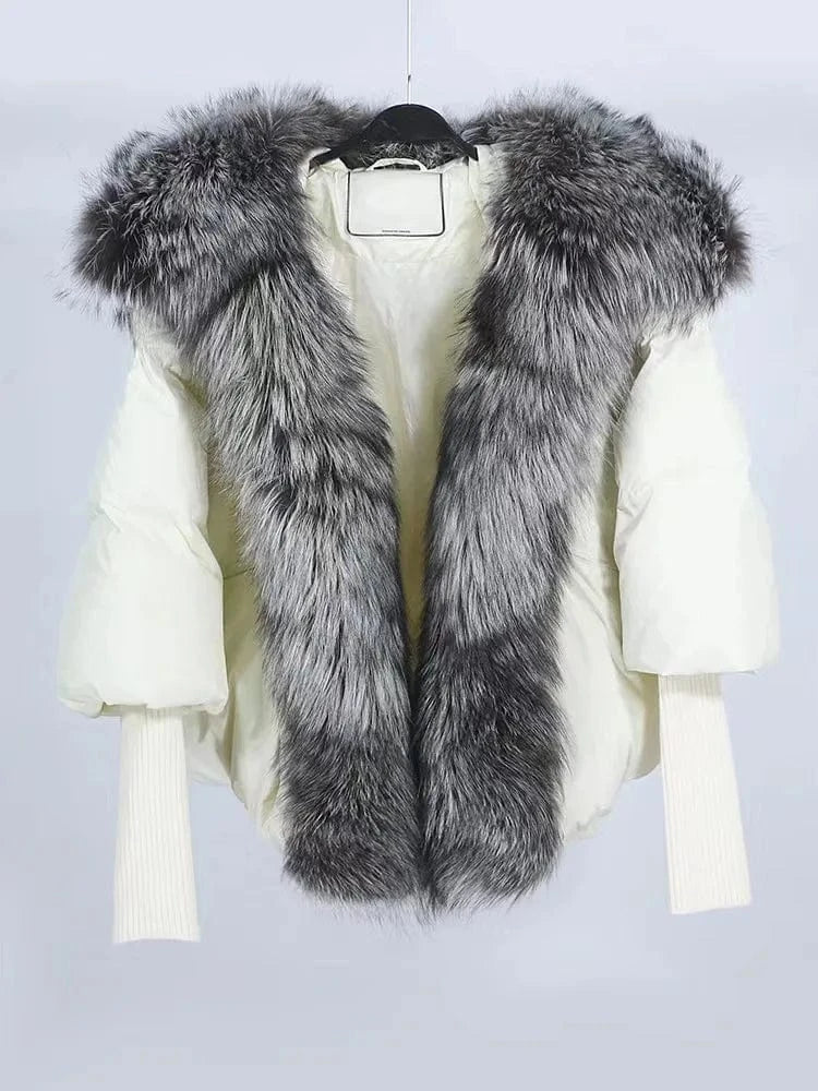 s / color12 Winter New Women Puffer Down Jacket Ladies Real Fur Coat Short Silver Fox Fur Collar Trim Duck Down Coat