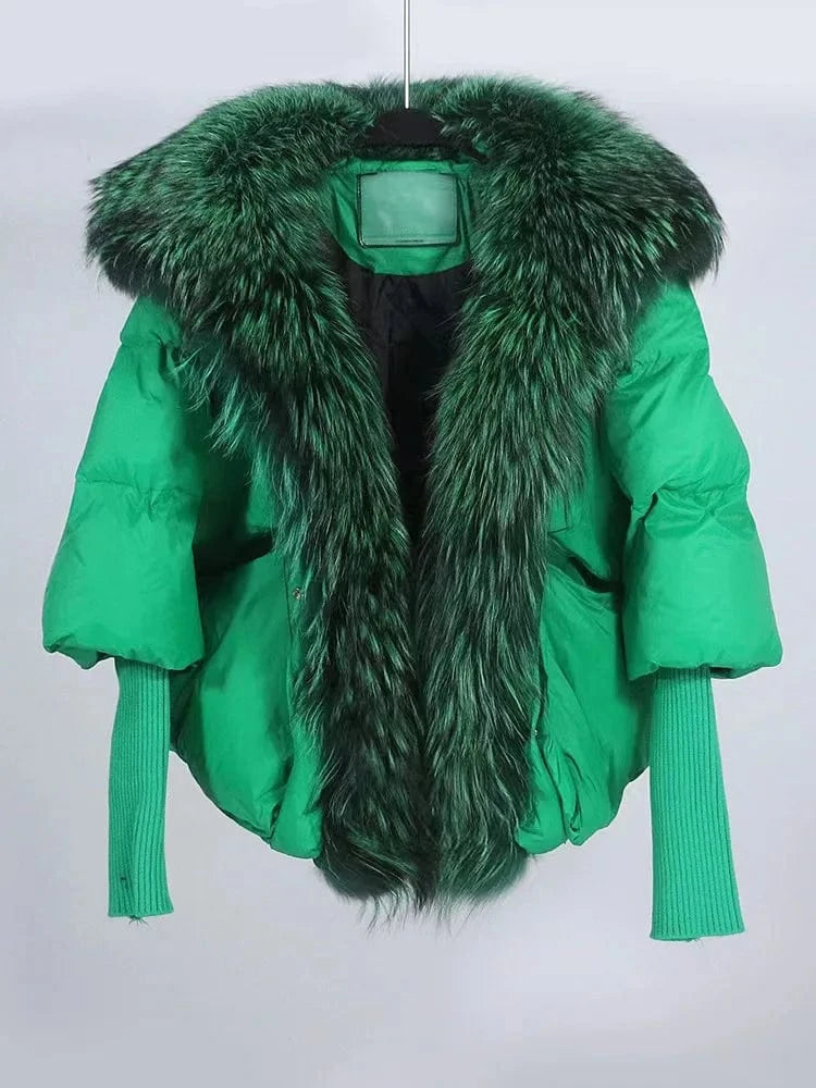 s / color14 Winter New Women Puffer Down Jacket Ladies Real Fur Coat Short Silver Fox Fur Collar Trim Duck Down Coat