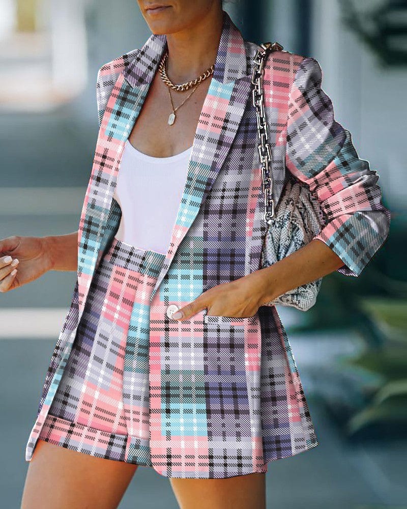 S / colorful plaid Two Piece Blazer Suit Women Office Sets 2023 Fashion Shorts Solid Lady Casual Blazers Set Long Sleeve Cardigan Blazer Shorts Set
