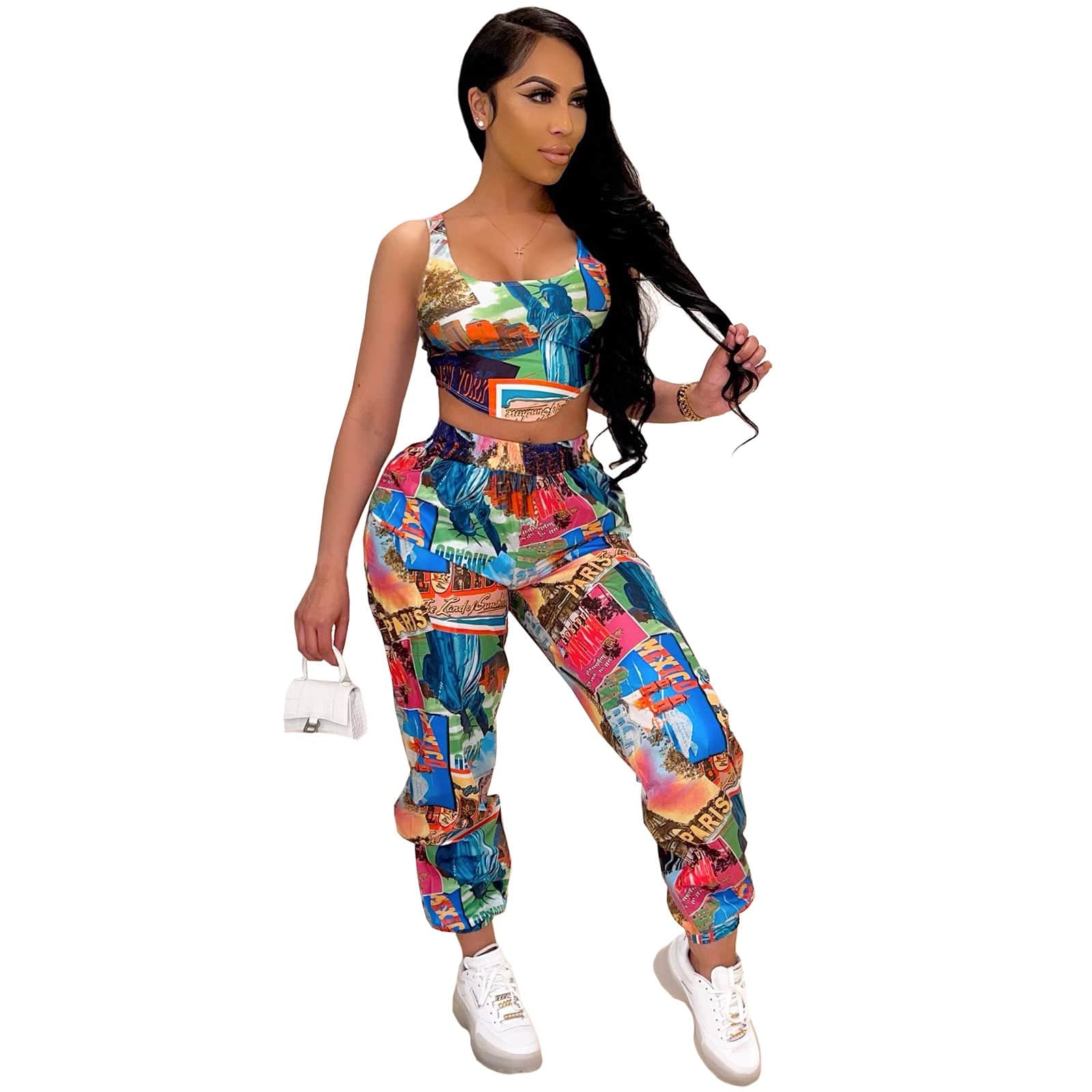 S / Colorful QM4284 new arrivals liberty print camisole short top trousers suit two piece set women