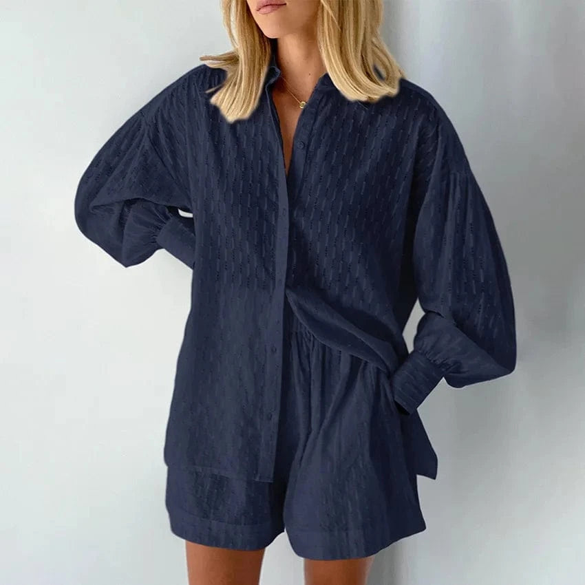 S / Dark blue 2023 Summer women's shirt Jacquard bubble sleeve Temperament shirt shorts Commuting design Casual suit