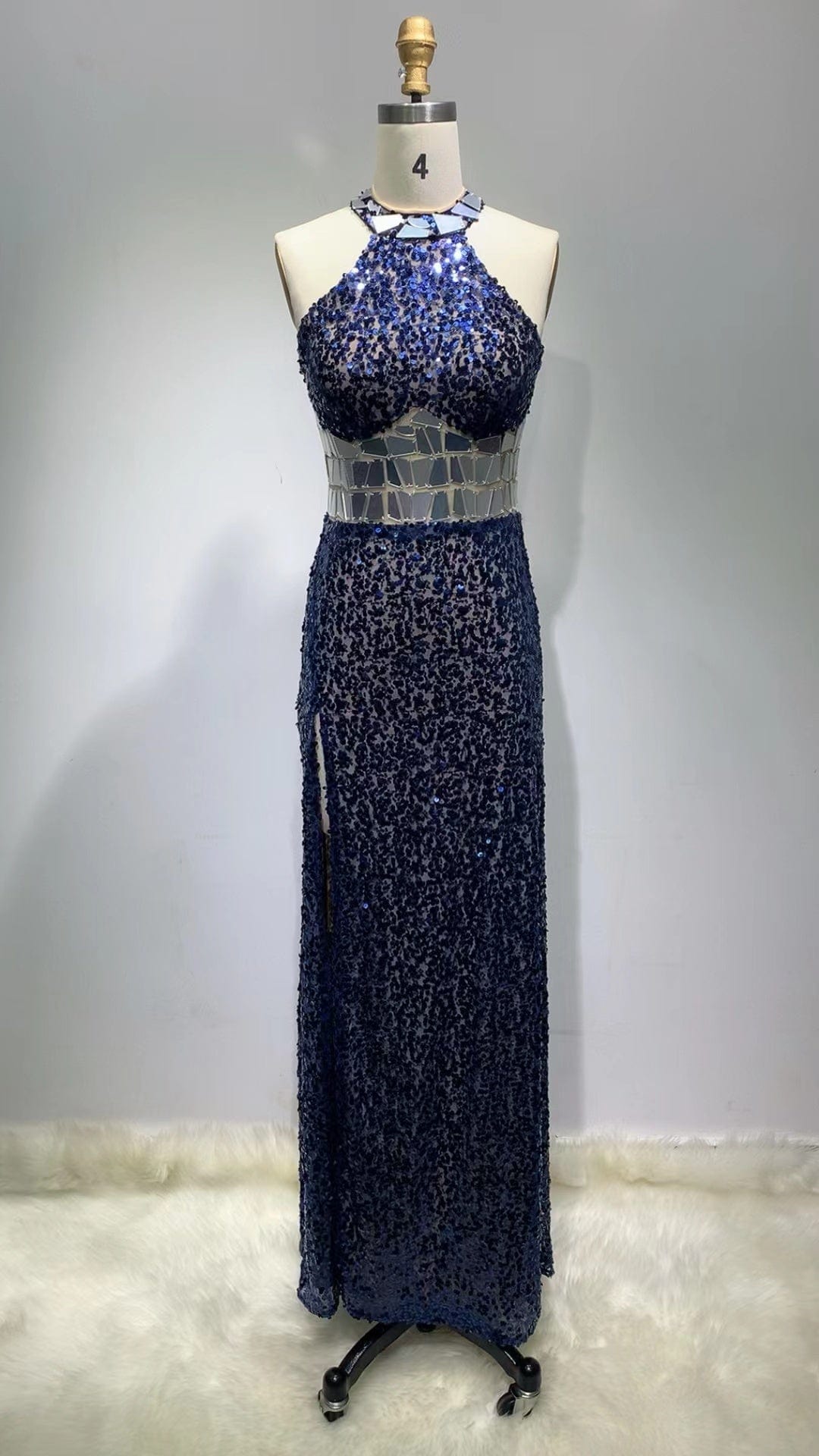 S / Dark blue ED2310 Kimshein Luxury Halter Blue Sequin Off Shoulder Sleeveless High Slit Evening Party Gown Dress Elegant