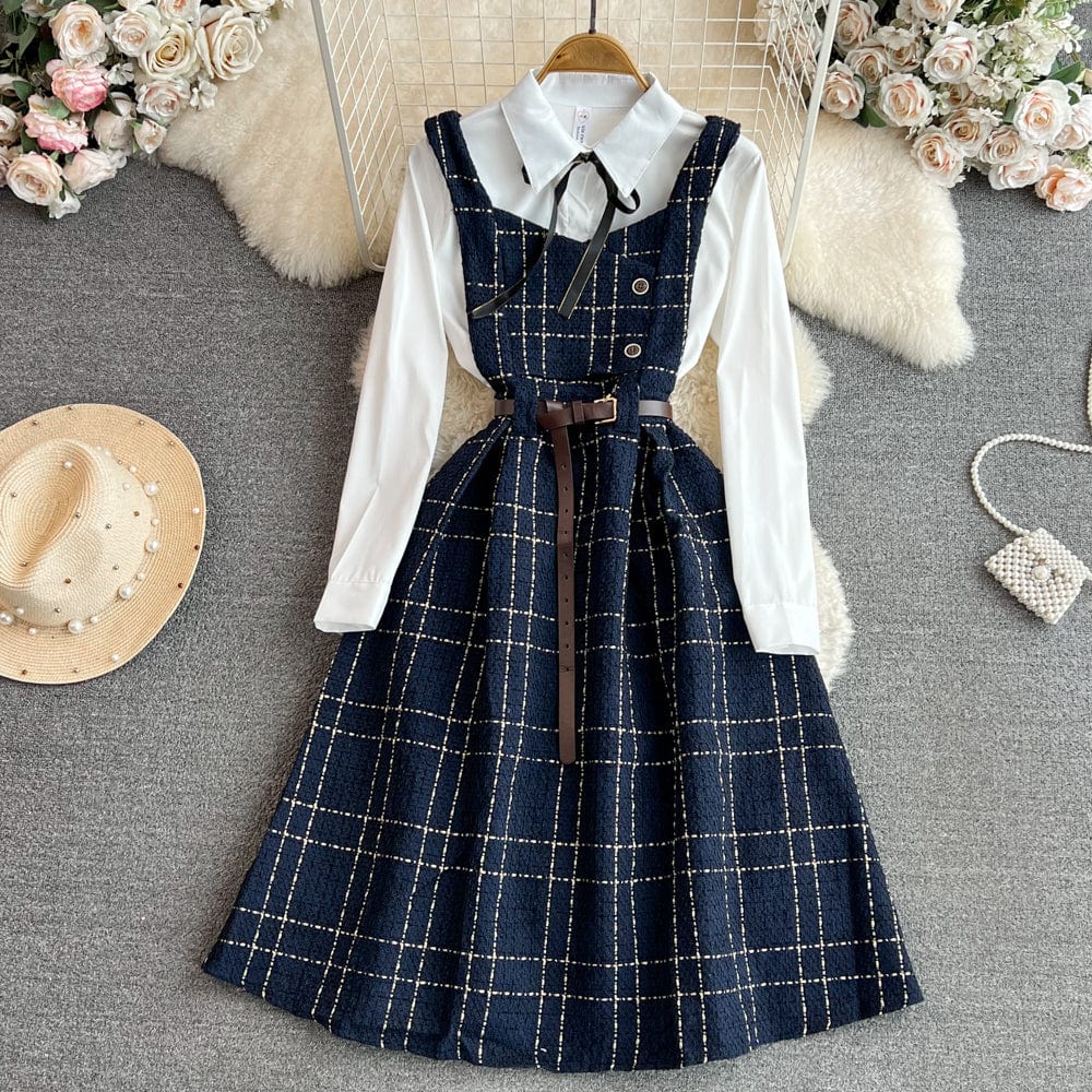 S / Dark blue Fall Winter Korean Version Age-Reducing Sweet White Shirt Two-Piece Set Medium Length A-Word Tweed Dress