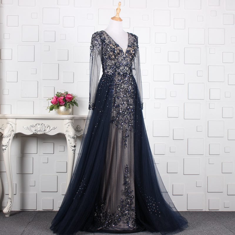 S / Dark Blue / Floor Length Feishiluo Luxurious Long sleeves   Bead Prom Dress A-line  Evening Dress  For Girl Fashion Party Dress
