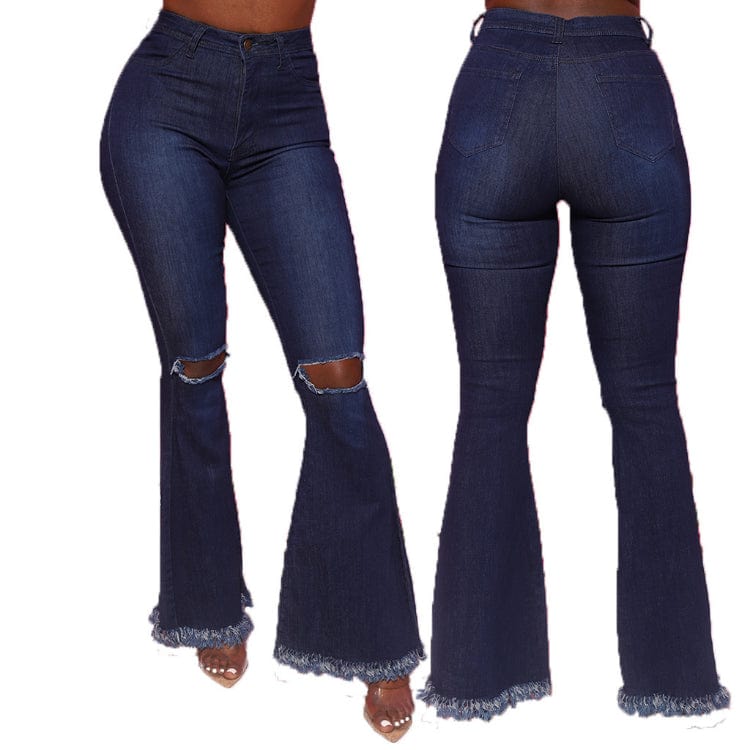 S / Dark blue Plus Size Jeans Woman High Waist 2023 New Denim Trousers Water Wash Versatile Women's Denim Flare Pants Lady Bell Bottom Jeans