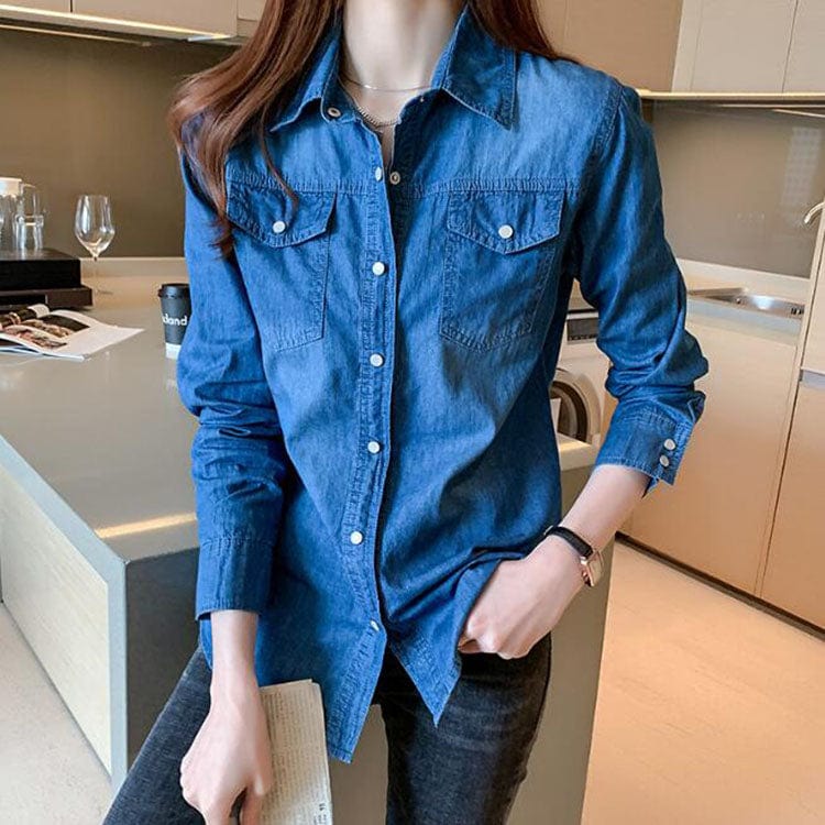S / Dark blue Women's Denim Shirt,Custom Autumn Slim Blue Denim Shirts for Women Casual Plain Long Sleeve Jean Shirt