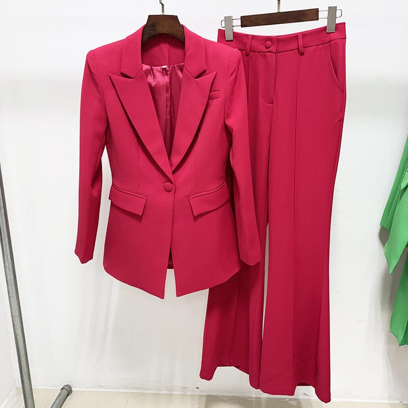 S / Dark fuchsia S-4XL Trendy fall ladies office wear formal women suit blazer flare pant set plain business suits for women