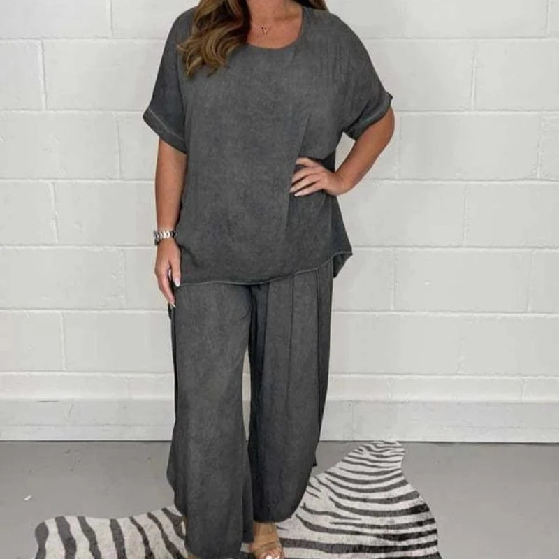 S / Dark Gray 2023 New Lightweight Breathable Loose Women 2 Piece Short Sleeve T-shirts Wide Leg Pants Set