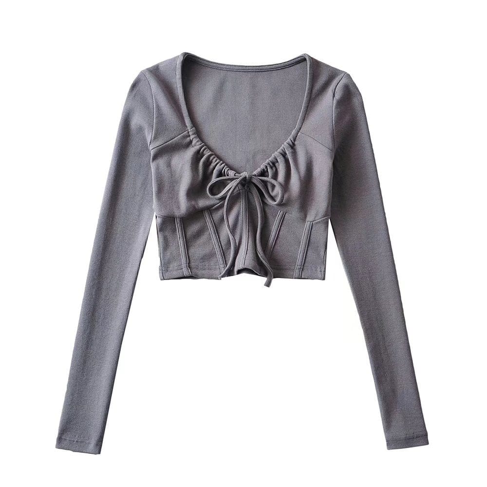 S / Dark Gray R20129S 2022 New design women's fashion solid color slim short drawstring fishbone stickers long-sleeved T-shirt