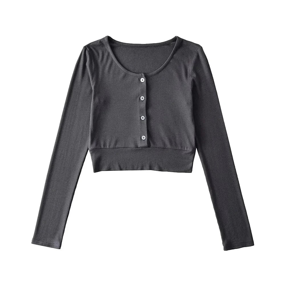 S / Dark Gray T shirt Manufacture Custom Logo rib stretchy Elastic sleeve Cuff Crew neck button up CropPlain Long sleeve Women T shirt