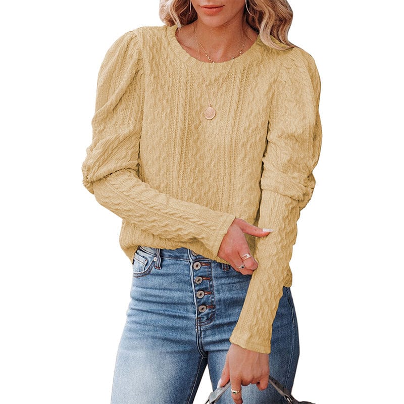 S / Dark Khaki Cloth Color Pullover Women's European American New Solid Color Round Neck Gigot Sleeve Top Sweater Women