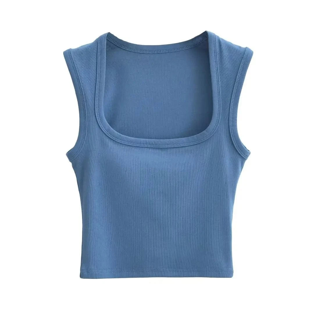 S / Denim blue 24 colors Custom logo blank plain Square Neck deep Wide Rib Stretchy Sleeveless Women's Tank top women crop top