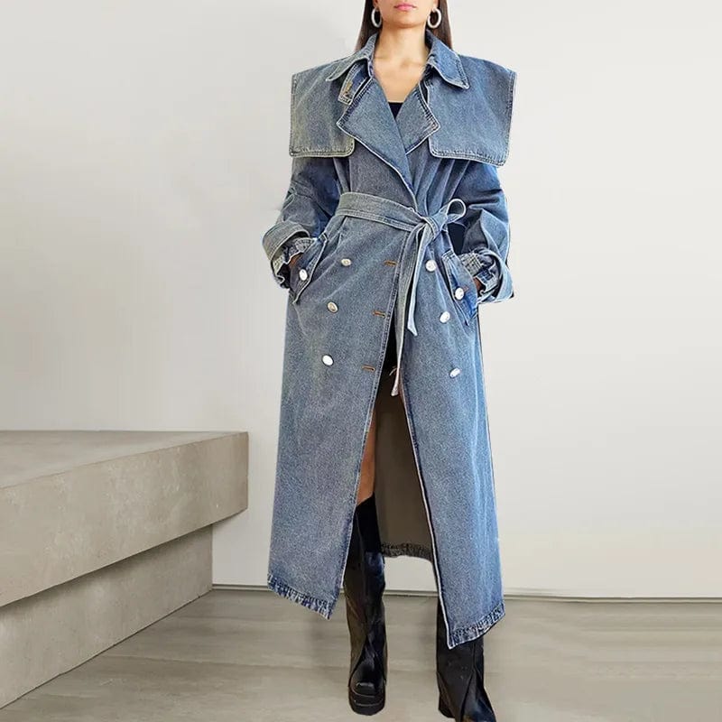 S / denim blue Fall 2023 new arrivals collection women fashion denim  women's trench coats long coat