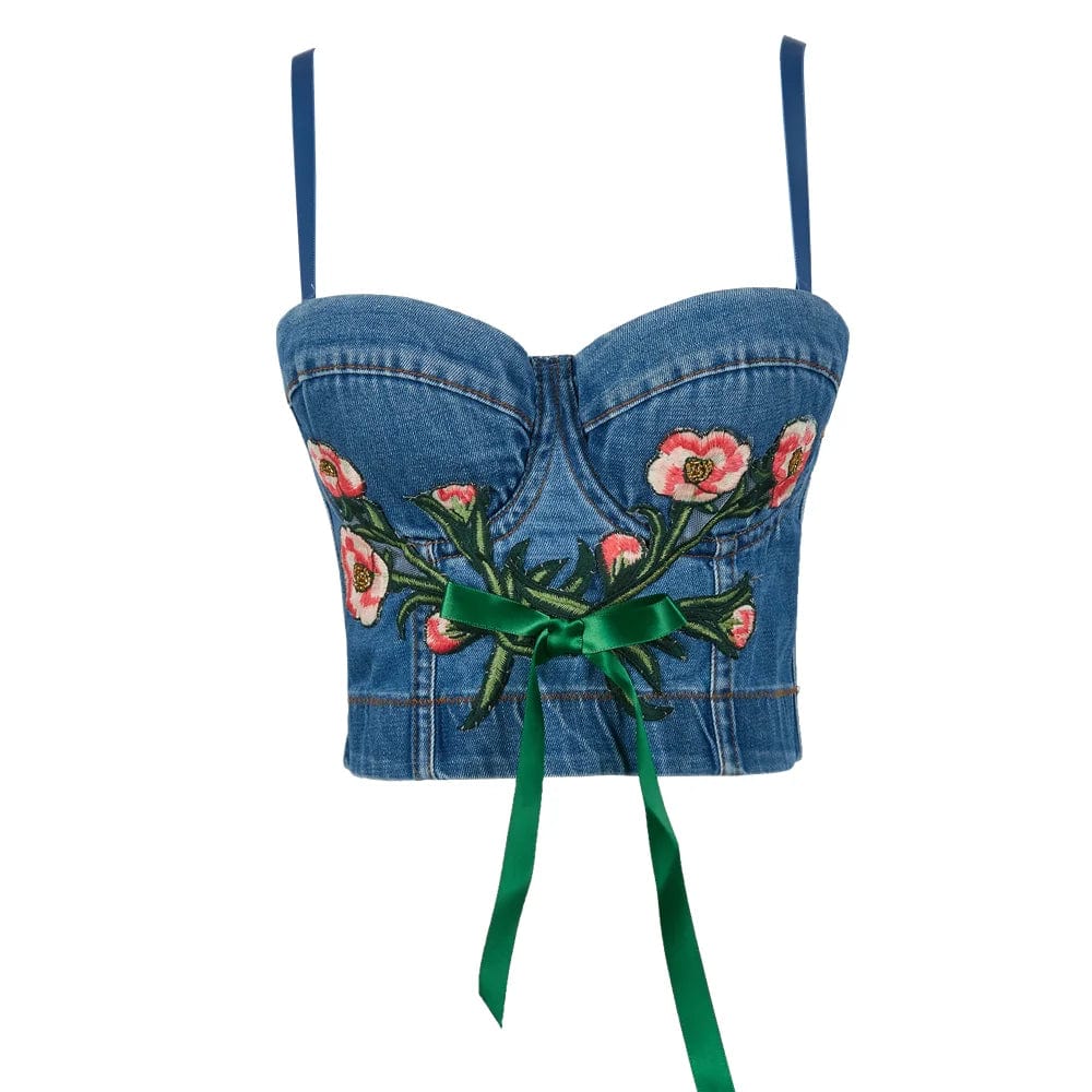 S / Denim Blue Summer New Sexy Denim Tops Roses pattern embroidery Cowboy Sling corset,Ideal for parties