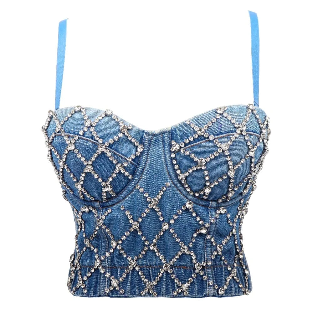 S / Denim Blue Top High Quality Mesh studded corset Diamond-stud All Denim Sexy Jean Top Corsets