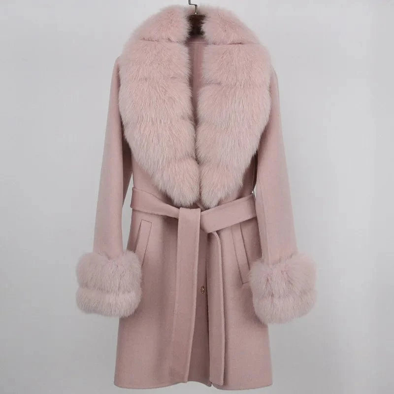 S / Dirty pink Cashmere Coat Women's Mid-Length 2023 Autumn And Winter New Fox Fur Collar Slim-Fit Woolen Coat
