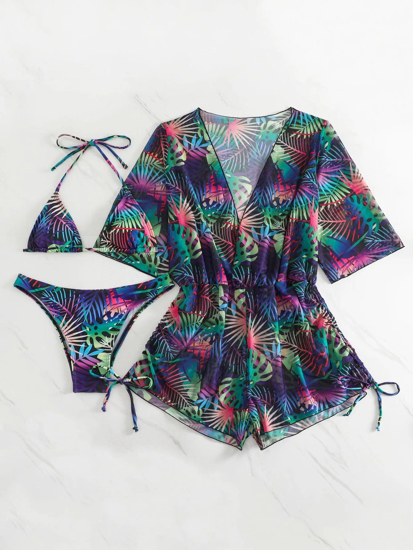 S / Flower color S-XL Bikini Three Piece Set Leaf print waist tied fashionable long sleeved beach sun proof swimsuit set  3pack