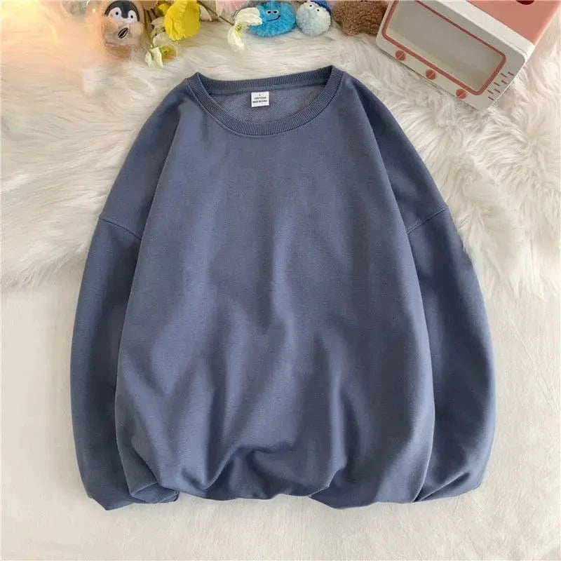 S / Fog blue 340GSM Earth Tone Crewneck Sweatshirt Long Sleeve Pure Color Pullover Cotton Soft Terry Brown Men Shirt