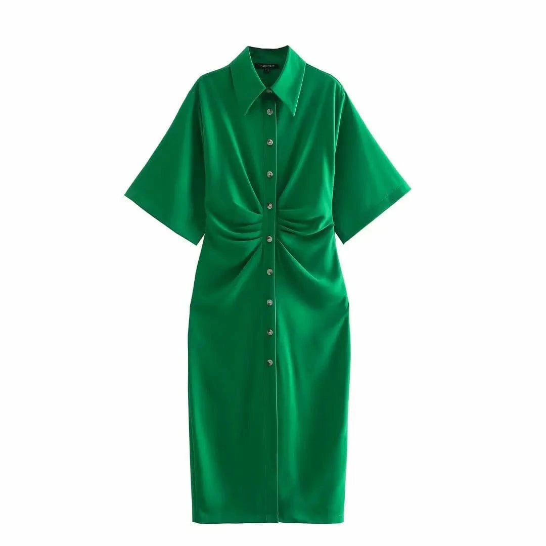S / Forest green High Stretch Kimono Flared Short Sleeves Y2K Midi Casual Women Shirt Dress with Button Front Pleated Side Zipper
