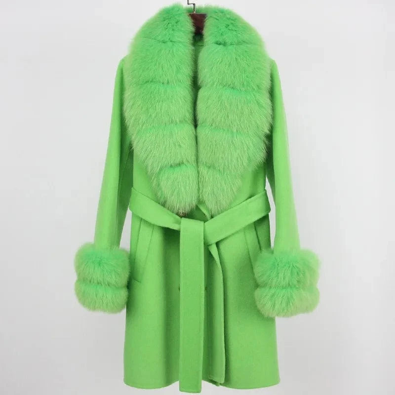 S / Fruit Green Cashmere Coat Women's Mid-Length 2023 Autumn And Winter New Fox Fur Collar Slim-Fit Woolen Coat