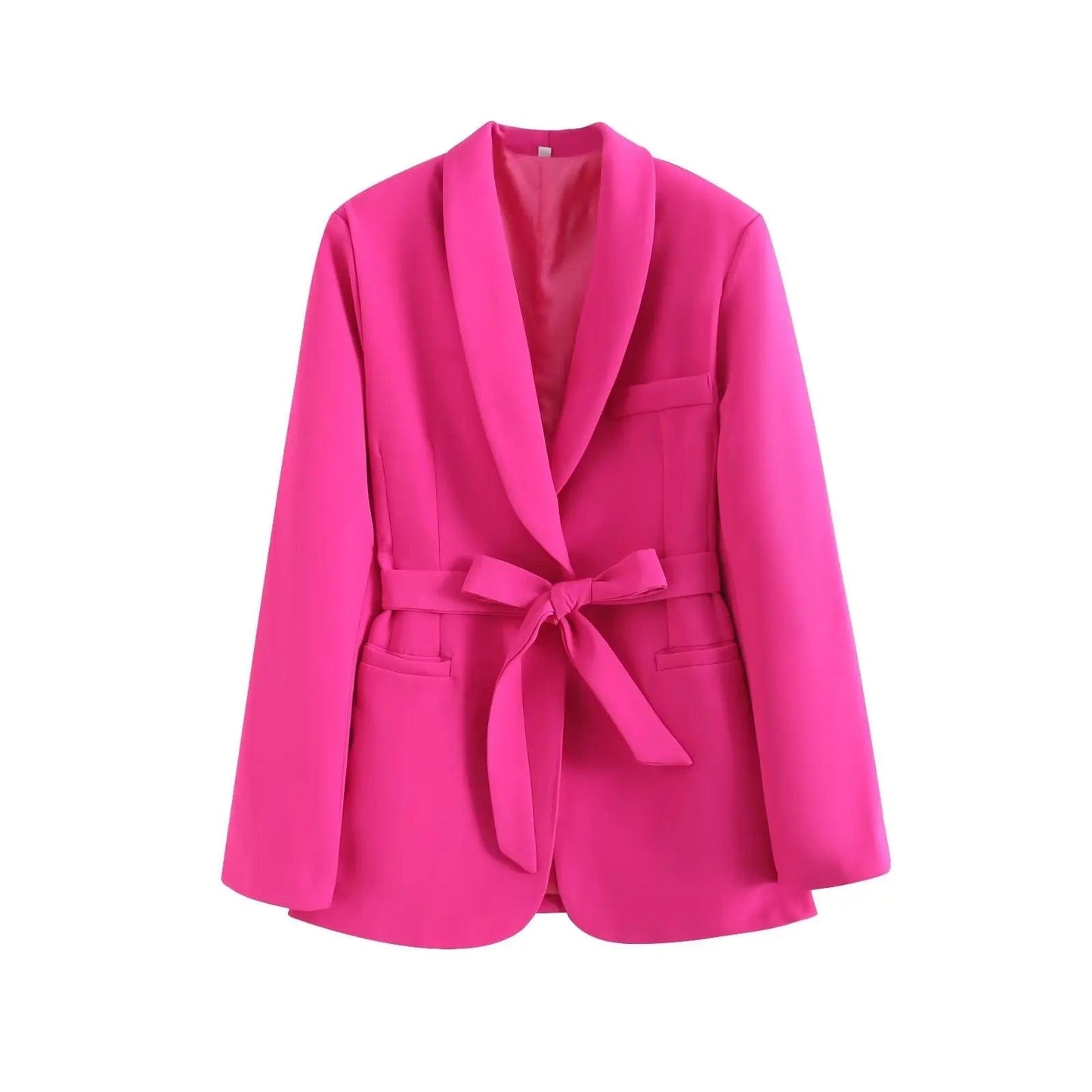 S / Fuchsia A33372 High Quality Women Blazer Jacket Casual Long Sleeve Blazers Ladies Women Lace Up Chic Outerwear Office Lady Blazers