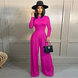 S / Fuchsia KC round neck top+long pants sexy casual solid color slim fit street 2 pieces sets temperament OL women suits