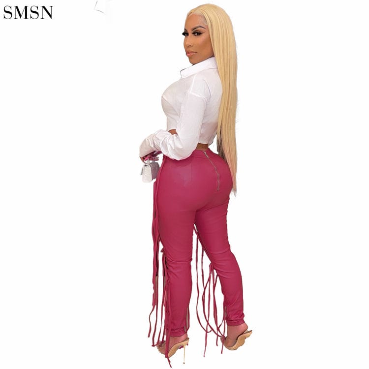 S / Fuchsia Latest Design Solid Color Fringed Zipper Leather Pants Casual Pants For Women