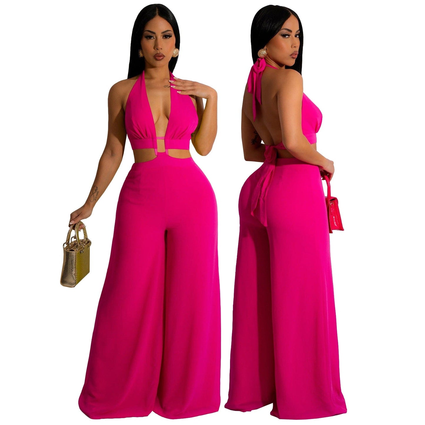 S / Fuchsia Trendy Women Clothes Solid Color Bandage Halter Backless Wide-leg Jumpsuit