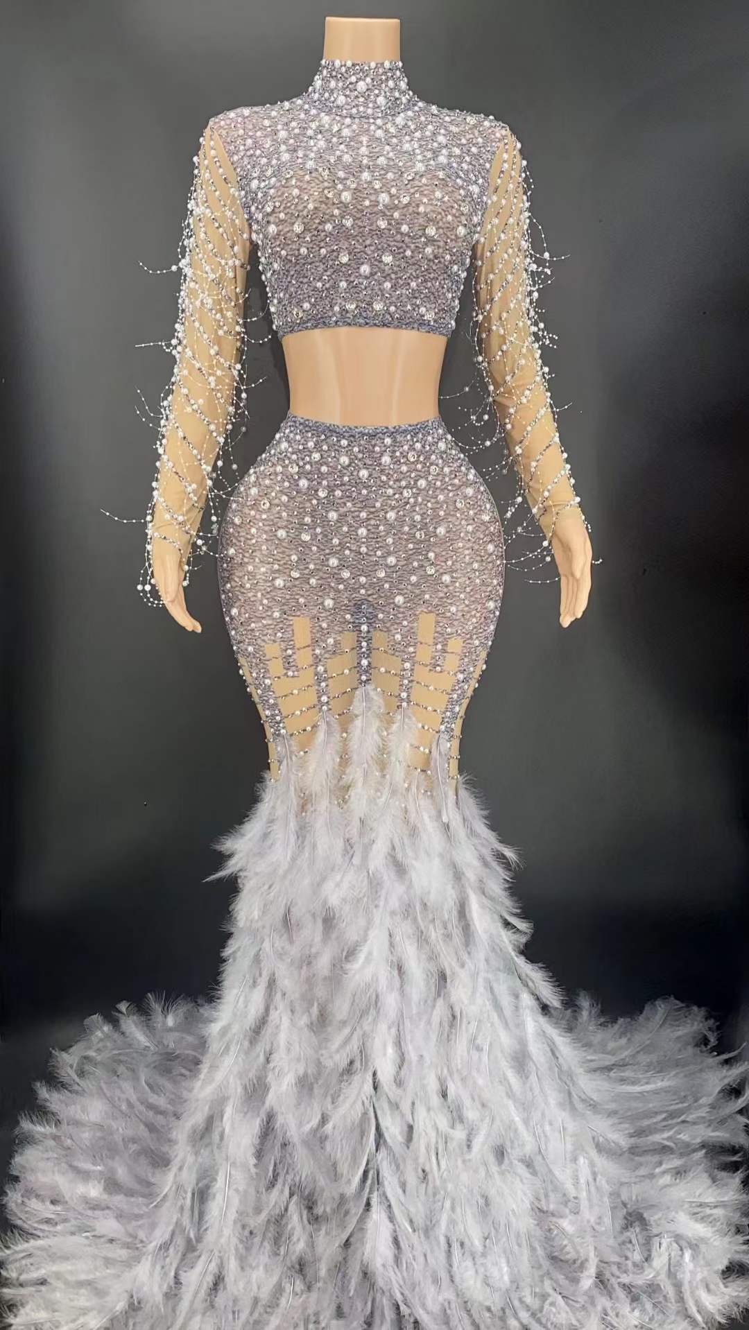 S / FX220210 Gray Latest Spring Elegant Bodycon 2 Piece Set Women Dresses Feather Rhinestone Beautiful Mermaid Evening Dresses