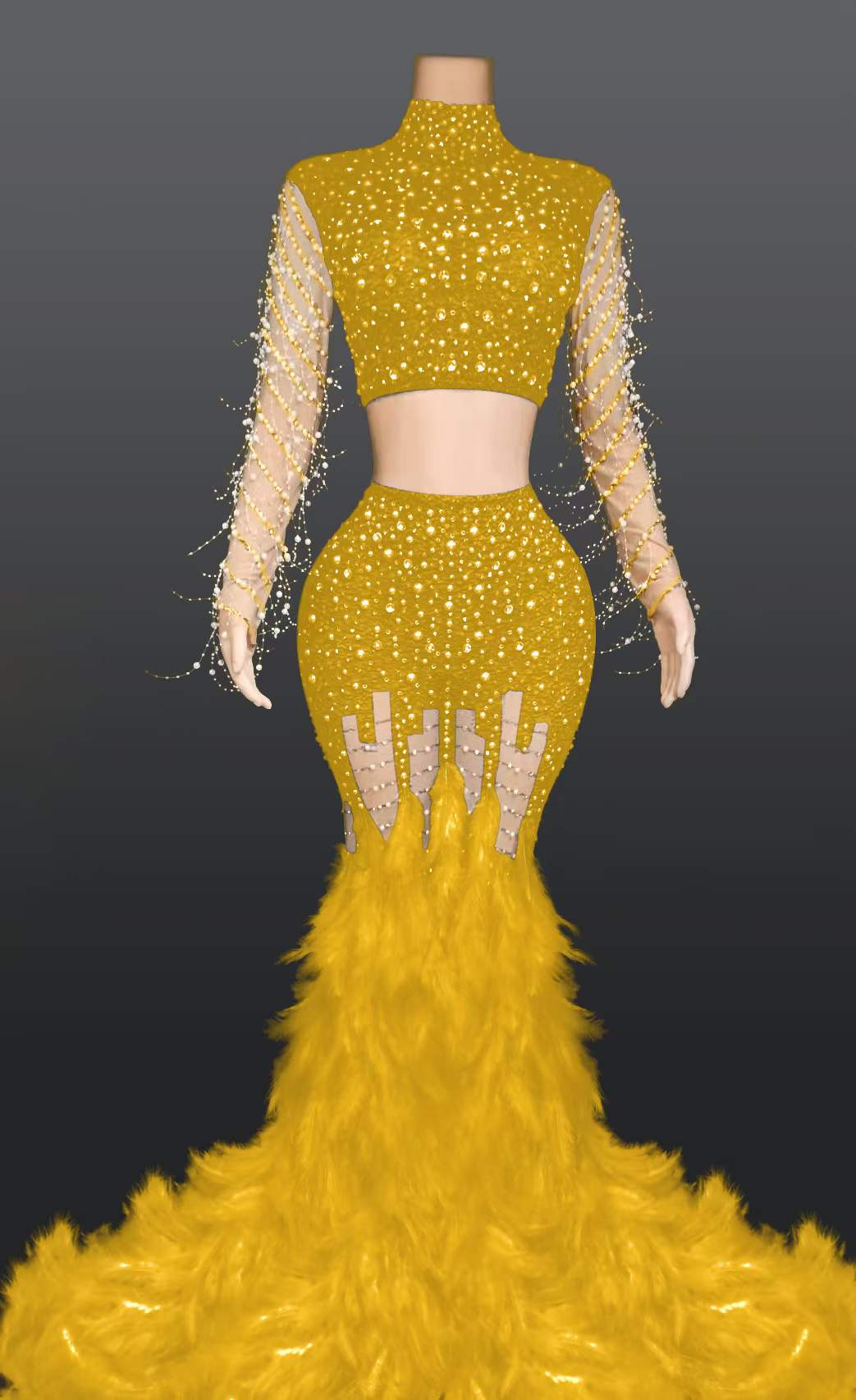 S / FX220210 Yellow Latest Spring Elegant Bodycon 2 Piece Set Women Dresses Feather Rhinestone Beautiful Mermaid Evening Dresses