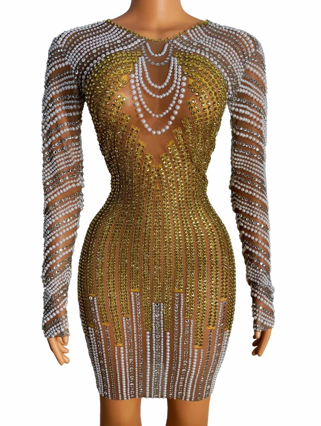 S / FX220751 Deluxe Design Golden Rhinestone Stripe Club Party Dress Pearl Appliqued Mesh See Through Sexy Long Sleeve Women Dress Elegant