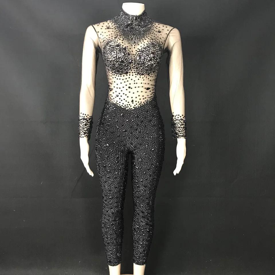 S / FX220829 black Fall Black Long Sleeve Sexy Women Mesh See Through Jumpsuit Bodysuit Sparkly Rhinestone Diamond Bodycon Jumpsuits Party