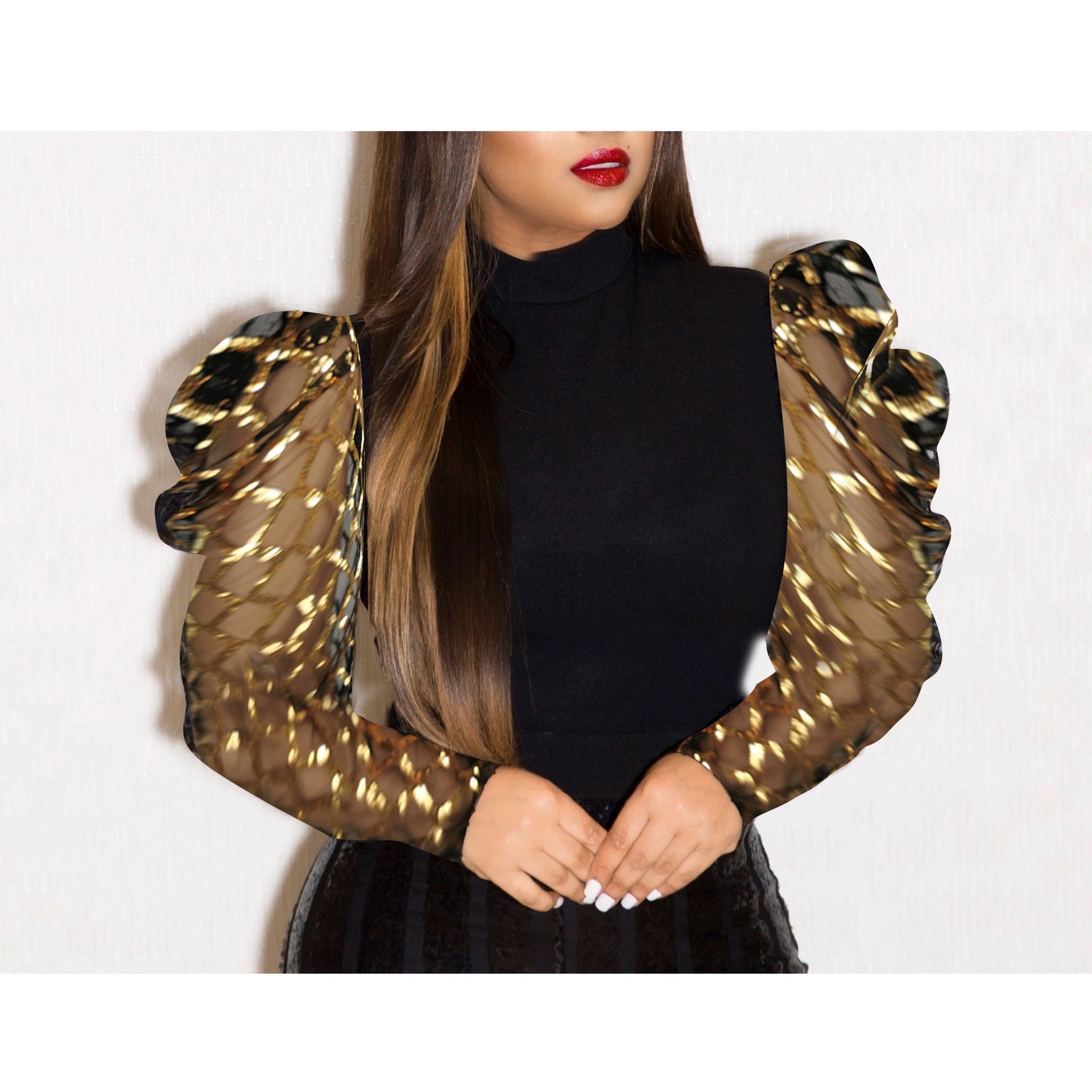 S / Gold Black Patchwork Long Sleeves See Through Plaid High Collar Lady Club Blouses